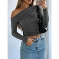thumbnail image 4 of Women'S Casual Long Sleeve Boat Neck Off Shoulder Slim Fit Crop Top Going Out Blouses Y2K Tight Shirts Dark Gray XL, 4 of 5