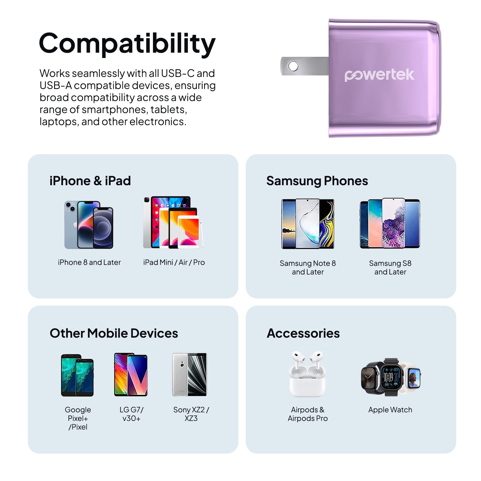 Powertek 20W USB-C PD + 18W USB-A Dual Port Wall Charger, Metallic Shine Pastel, Purple