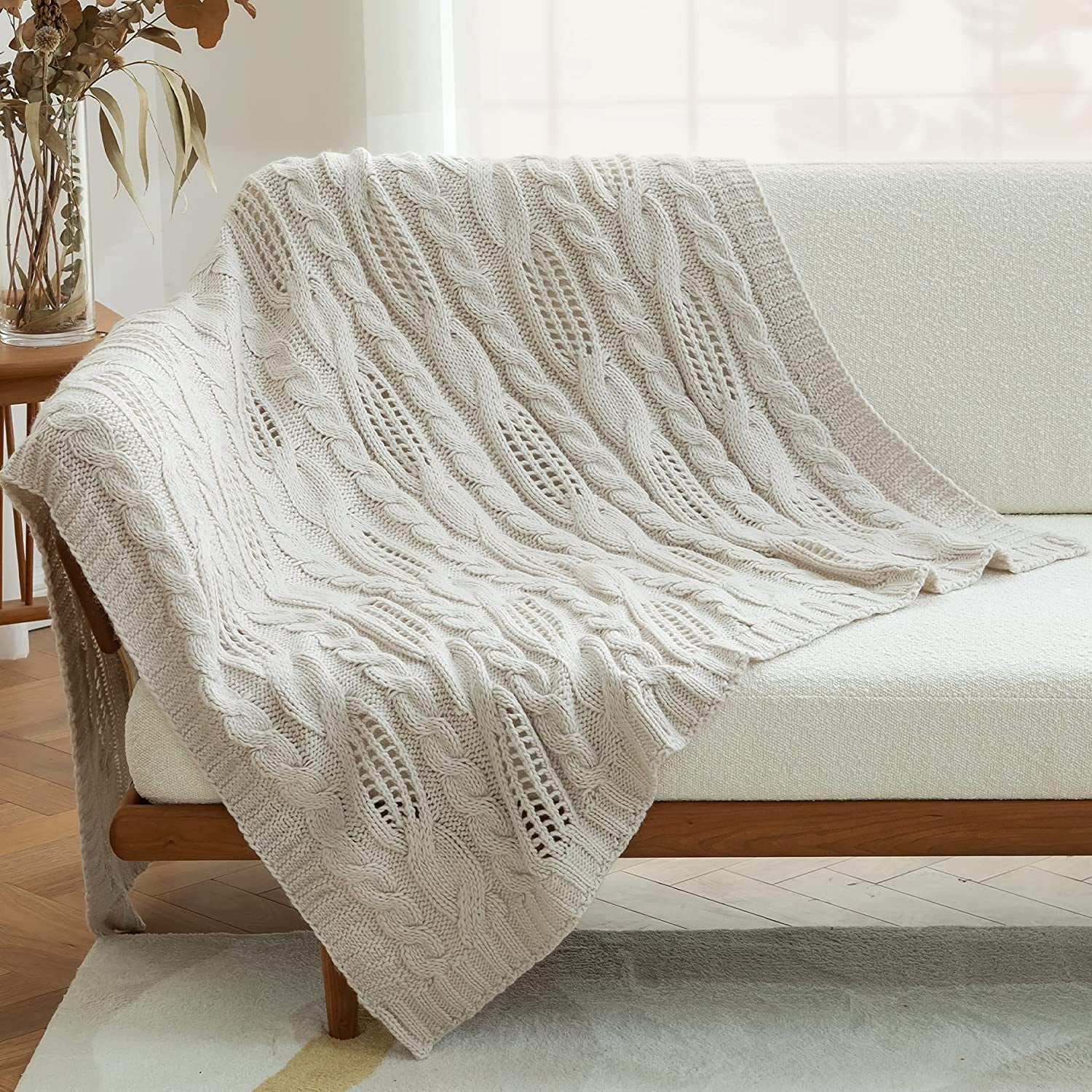 Amelie Home Cable Knit Decorative Cream Throw Blankets For Couch Soft Cozy And Lightweight 5htooq X 6htooq Other