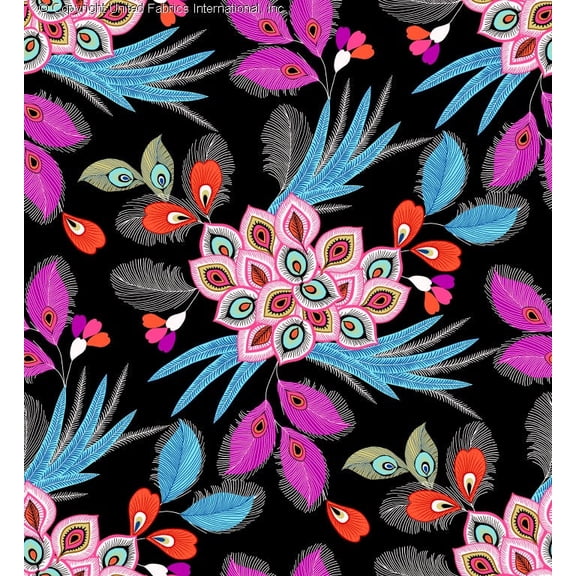 Challis Rayon Printed Villus, Peacock Feather Print, Soft Rayon Fabric by Yard (BLACK/PINK/TURQ, ByYard)