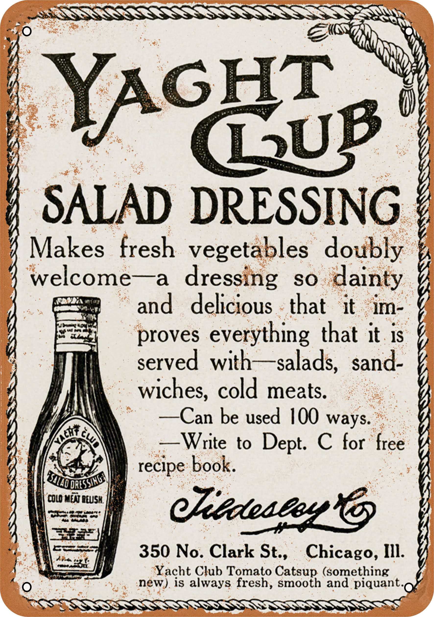 7 x 10 METAL SIGN 1914 Yacht Club Salad Dressing Vintage Rusty Look