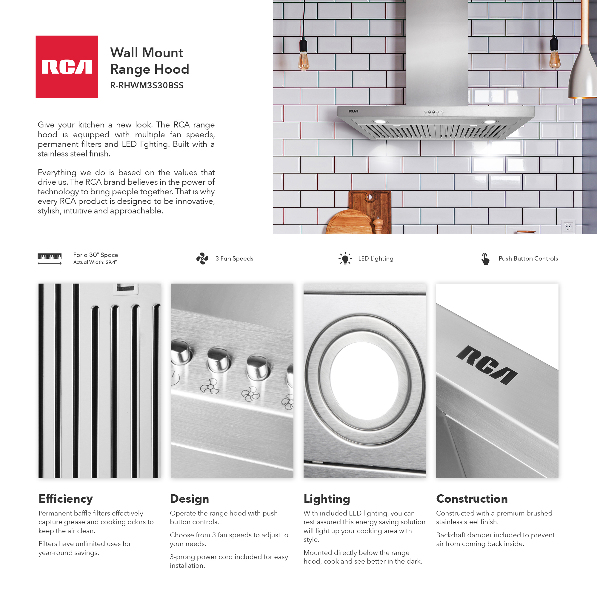 RCA 30 in. Sterling Collection 400 CFM Ducted T-Shape Wall Mount Range Hood, Push Buttons, LEDs, Stainless Steel