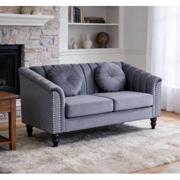 Caberryne Chesterfield Sofa Couch, Chesterfield Loveseat with Rolled Armrests and Throw Pillows, Velvet Modern Living Room Couch with Rivets for Apartment, Office, RV(Gray)