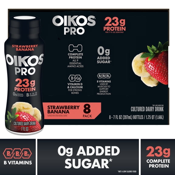 Oikos Pro 23g Protein Strawberry Banana Cultured Dairy Drink, 7 fl oz Bottles, 8 Count