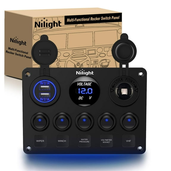 Nilight 5 Gang Multi-Function 5 Gang Rocker Dual USB Charger   Digital Volmeter  12V Outlet Pre-Wired Switch Panel with Circuit Breakers for RV Car Boat Truck Trailer,2 Years Warranty,Blue