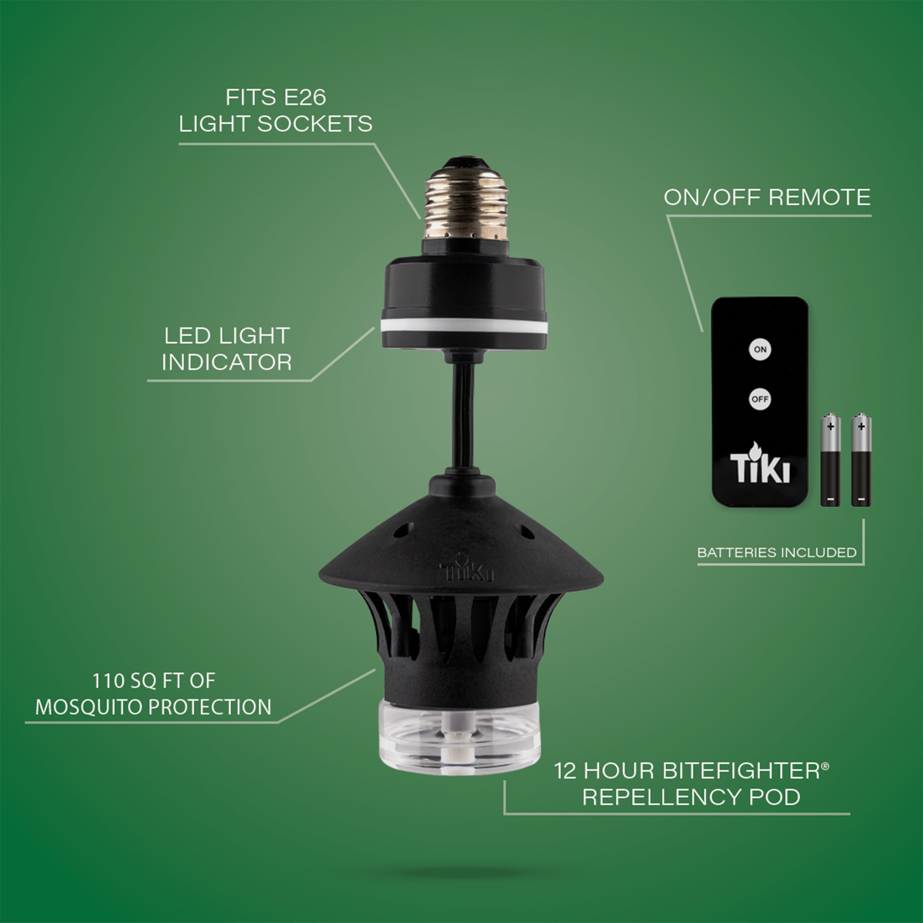 TIKI BiteFighter Plug & Repel Mosquito Repellent for Outdoor String Lights with 12-Hour Repellent Pod Included, Odor-Free, Easy Install, 110 sq. ft. Coverage
