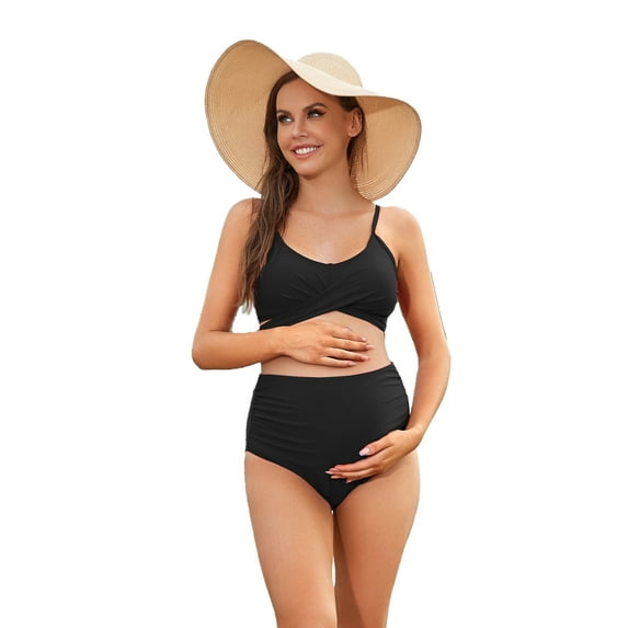 LIORA Women Criss Cross Maternity Bikini High Waist String Floral Two Piece Pregnancy Swimwear, Black