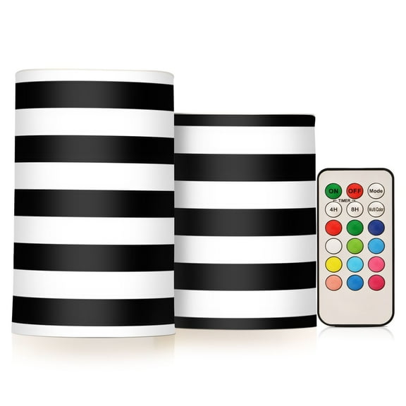 Black and White Striped 2 PCS LED Flickering Flameless Candles with Remote Control Realistic 3D Wick Window Candles Sets for Wedding Table Home Decoration Gifts