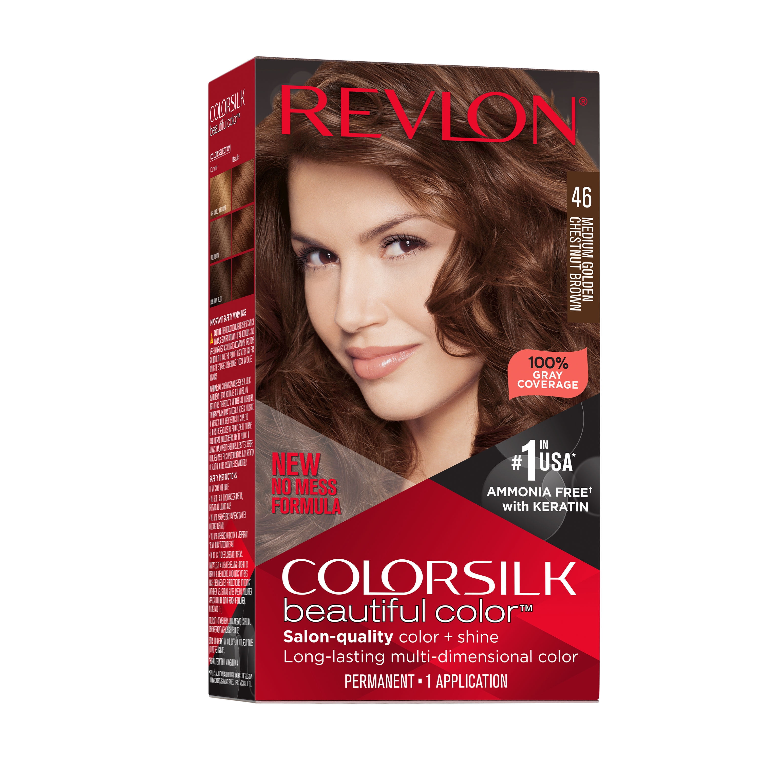 Revlon Colorsilk Beautiful Color Permanent Hair Color, Long-Lasting High-Definition Color, Shine & Silky Softness with 100% Gray Coverage, Ammonia Free, 046 Medium Golden Chestnut Brown, 1 Pack