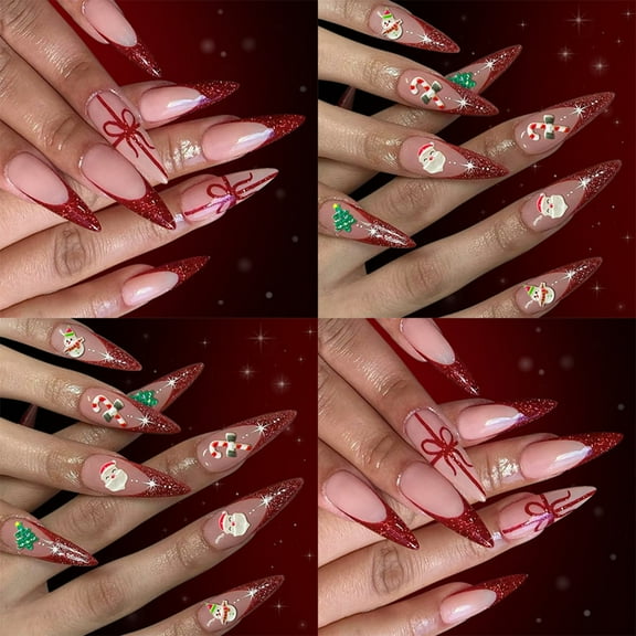 MultiSize Christmas Press On Nail 48PCS Snowman Glitters French Manicure Set