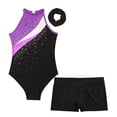 thumbnail image 3 of YONGHS Kids Girls Shiny Gymnastics Leotard with Athletic Shorts Hair Band Set Tracksuit Ballet Dance Outfits Unitard Purple&Black-A 8, 3 of 5