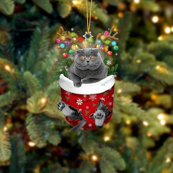Acrylic 2D FLAT - Grey Cat In Snow Pocket Christmas Ornament Flat Acrylic Cat Ornaments - Holiday Tree Decoration 1