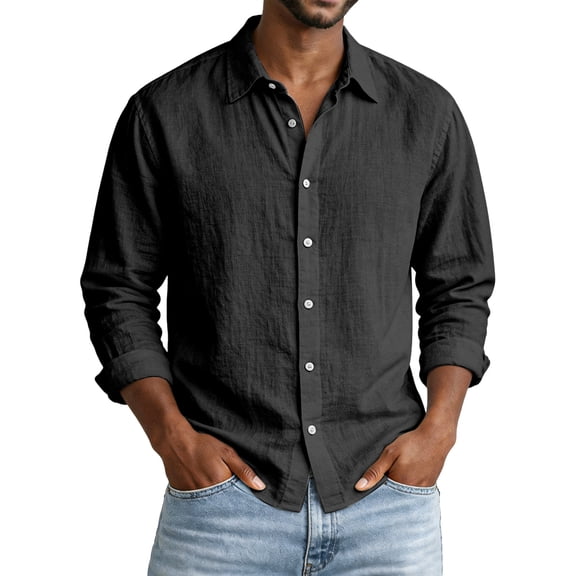 IAJDKMEK Men's Dress Shirts - Long Sleeve Button Up Loose Fit Spread Collar Solid Color Shirt, Lightweight Breathable for Everyday,Black L