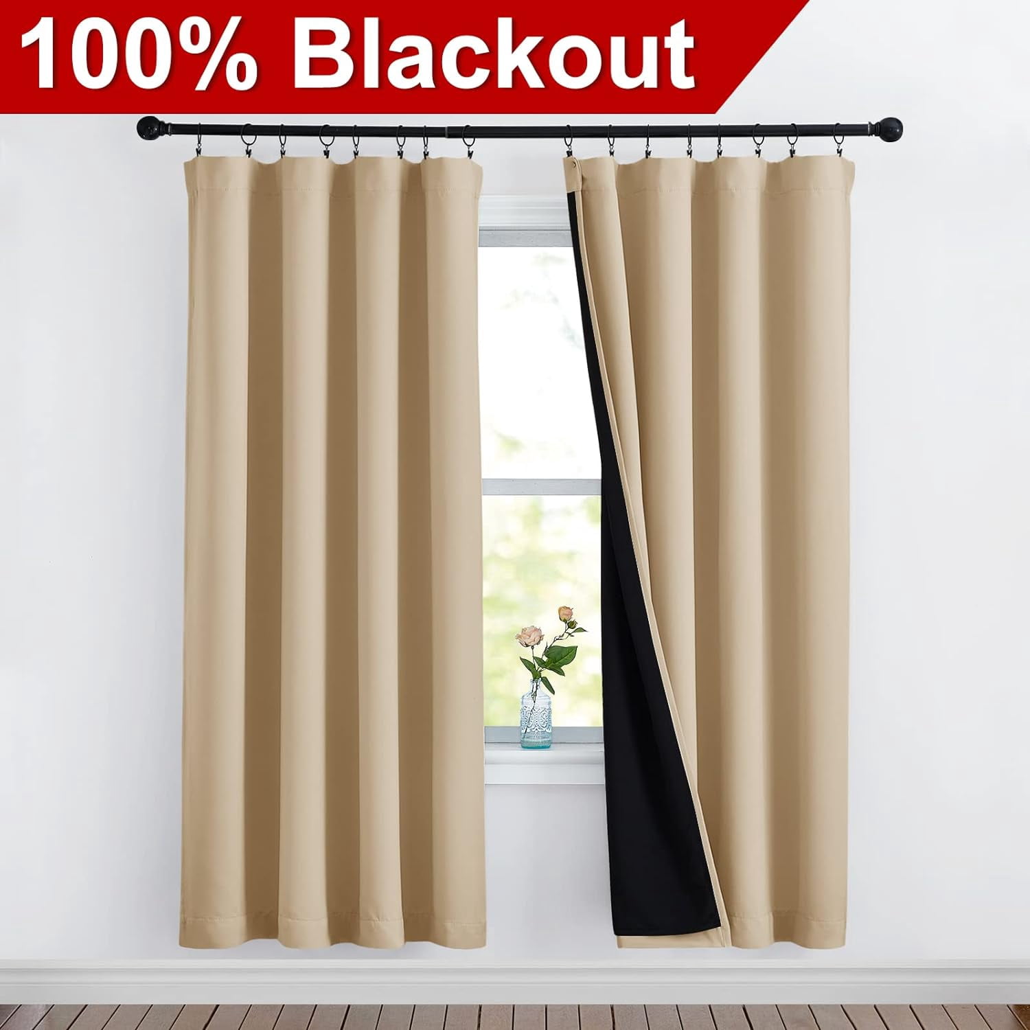 NICETOWN 100% Blackout Curtain Panels, 2 Thick Layers Full Blackout Curtains Thermal Insulated Noise Reducing Curtains Rod Pocket Energy Efficiency Drapes for Kitchen, Biscotti Beige, 52"x72", 1 Pair