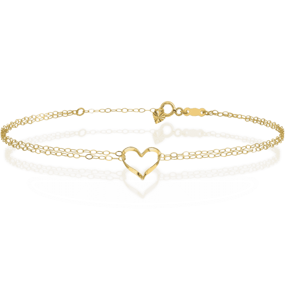 14K Solid Yellow Gold Double Strand Heart Anklet Summer Beach Foot Ankle Bracelet