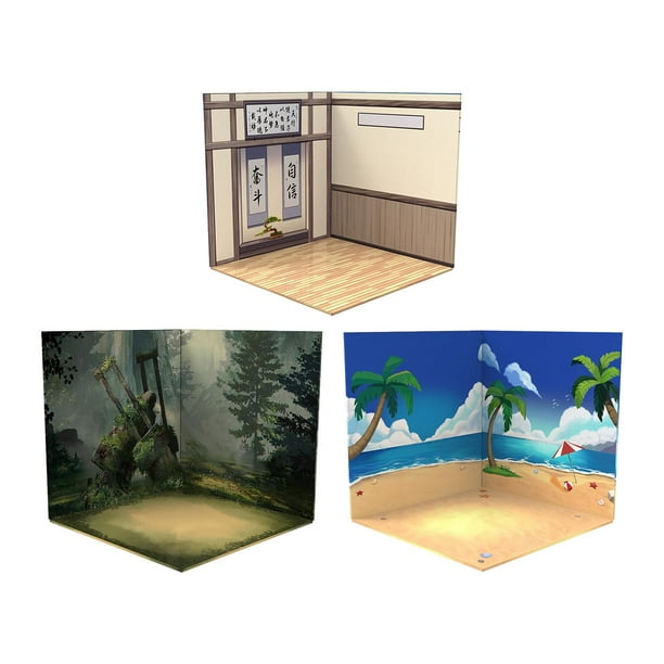 Fondo de exhibición de modelos de 3 piezas para figuras y vehículos a escala 1/12 Sala de Estudio y Bosque y Playa