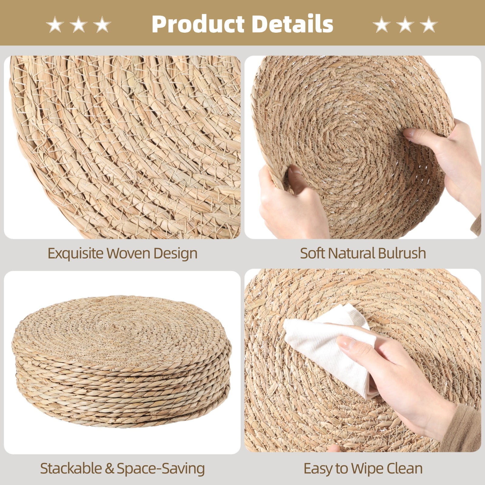 12 Pack Round Woven Placemats - 12 Inch Natural Grass Table Mats | Circle Rattan Table Place Mat for Heat Resistant Protection, Rustic Farmhouse Dining Decor