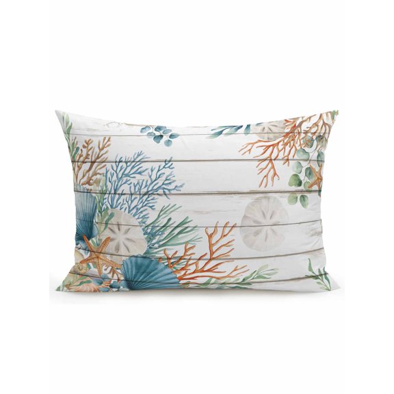 Outdoor Pillow Waterproof 1 Pack, Beach Coastal Patio Throw Pillows for Couch Bed Sofa with Insert, Summer Nautical Coral Shell Botanical Vintage Decorative Travel/Reading Pillow Set 12x20 Inch