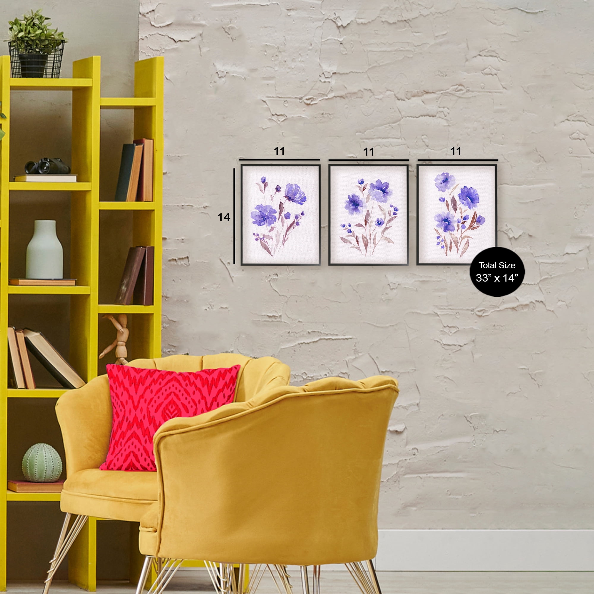 Stupell Industries Watercolor Purple Blooms 3 Piece Black Framed Giclee Art Set, design by Leah Noel Art