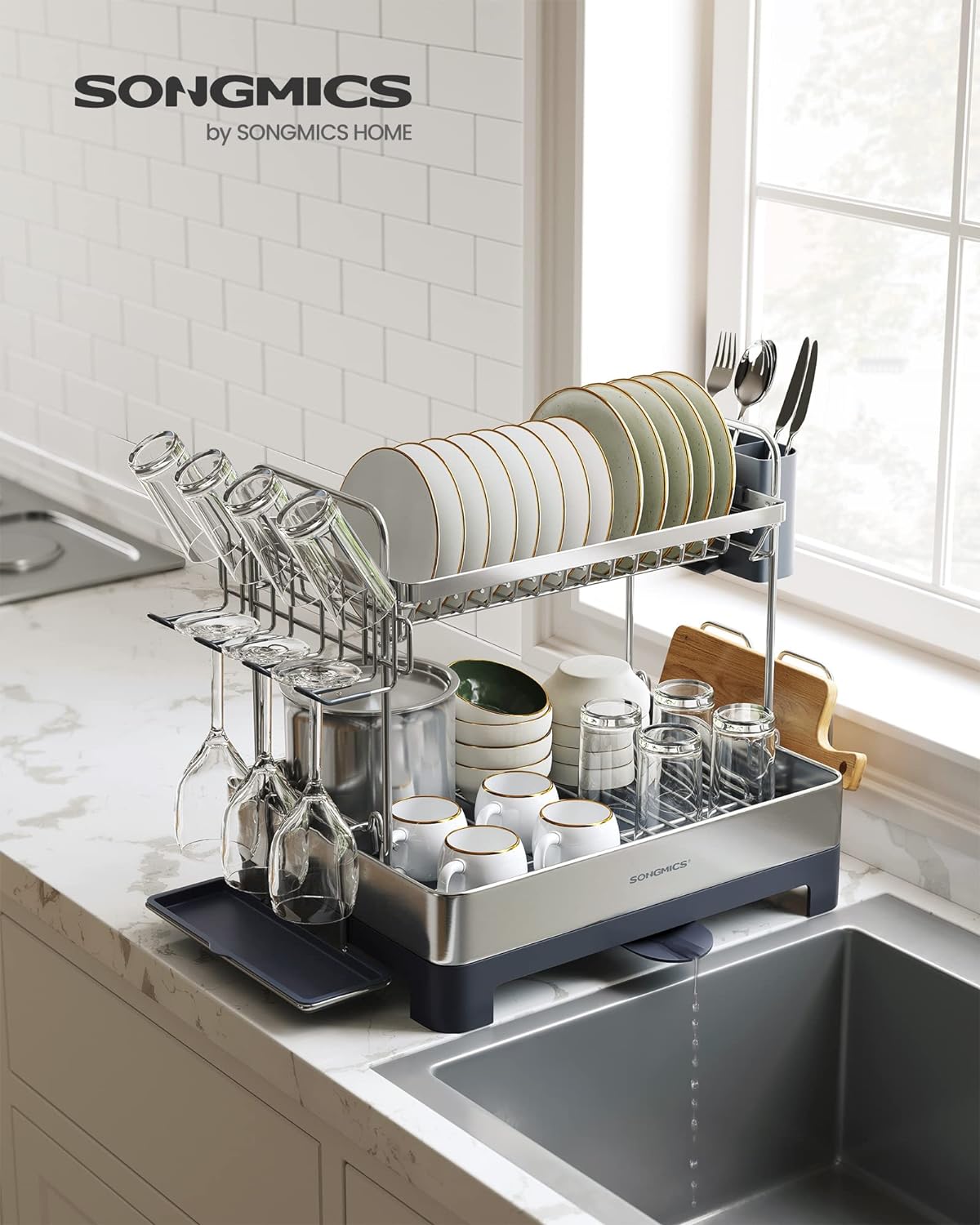2 Tier Dish Drying Rack, for Kitchen Counter with Rotatable Drain Spout, Silve and Gray