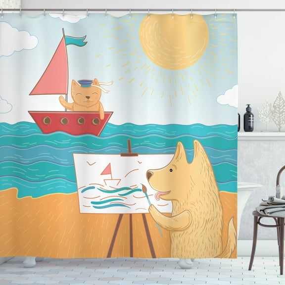 Nursery Shower Curtain, Summer Vacation Cartoon with Captain Cat and Painter Dog in Hawaii Funny Animals, Fabric Bathroom Set with Hooks, 69W X 70L Inches, Multicolor, by Ambesonne