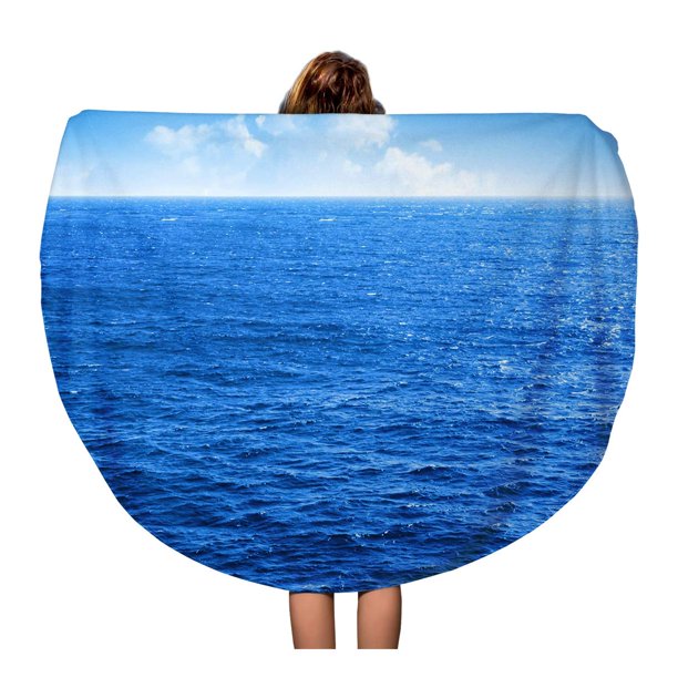 SIDONKU 60 inch Round Beach Towel Blanket Ocean Blue Sea and Sky White Clouds Open Calm Travel