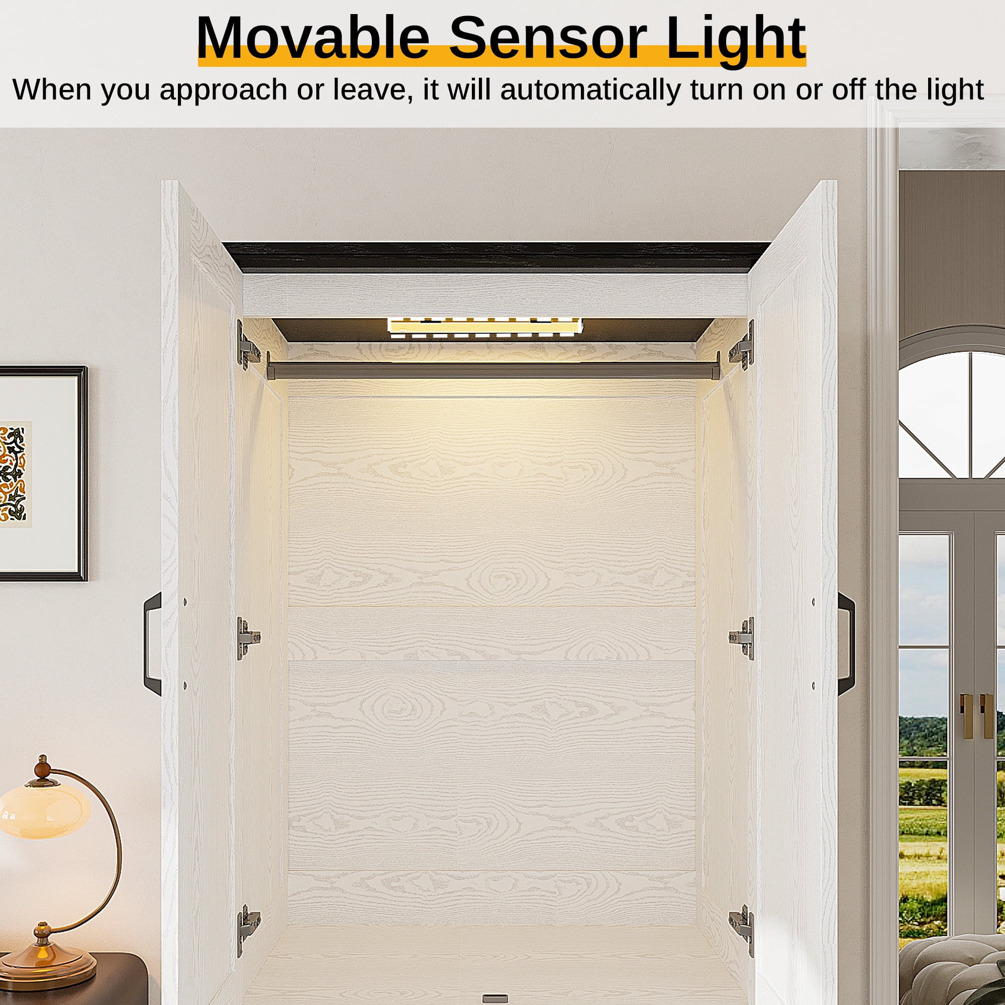 LIKIMIO 70.9"H Wardrobe Closet with Sensor Light and 3 Drawers, Wooden Bedroom Armoire Cabinet with 2-Door and Hanging Rod