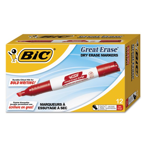 BIC Great Erase Grip Chisel Tip Dry Erase Markers, LowOdor, Red, Dozen