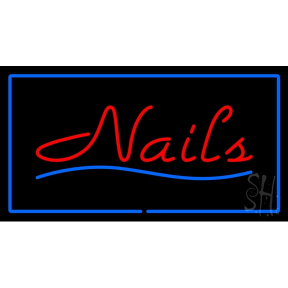 Red Nails Blue Border LED Neon Sign 13 x 24 - inches, Black Square Cut Acrylic Backing, with Dimmer - Bright and Premium built indoor LED Neon Sign for Defence Force.