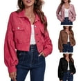 Women Crop Jacket Corduroy Lantern Sleeves Buttons Single Breasted