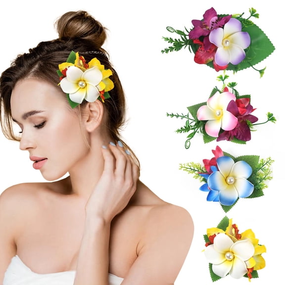 4 Pcs Plumeria Hair Clips Artificial Tropical Hawaiian Orchid Flower Hair Clips for Women Beach Accessories