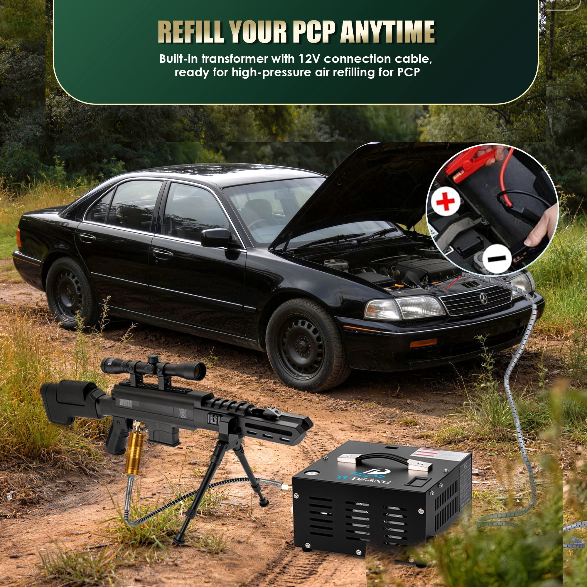 TUDIVING 4500 PSI PCP Air Compressor, Portable 12V DC/110V AC Air Pump with Built-in Converter, Oil-Free for PCP Air Rifles