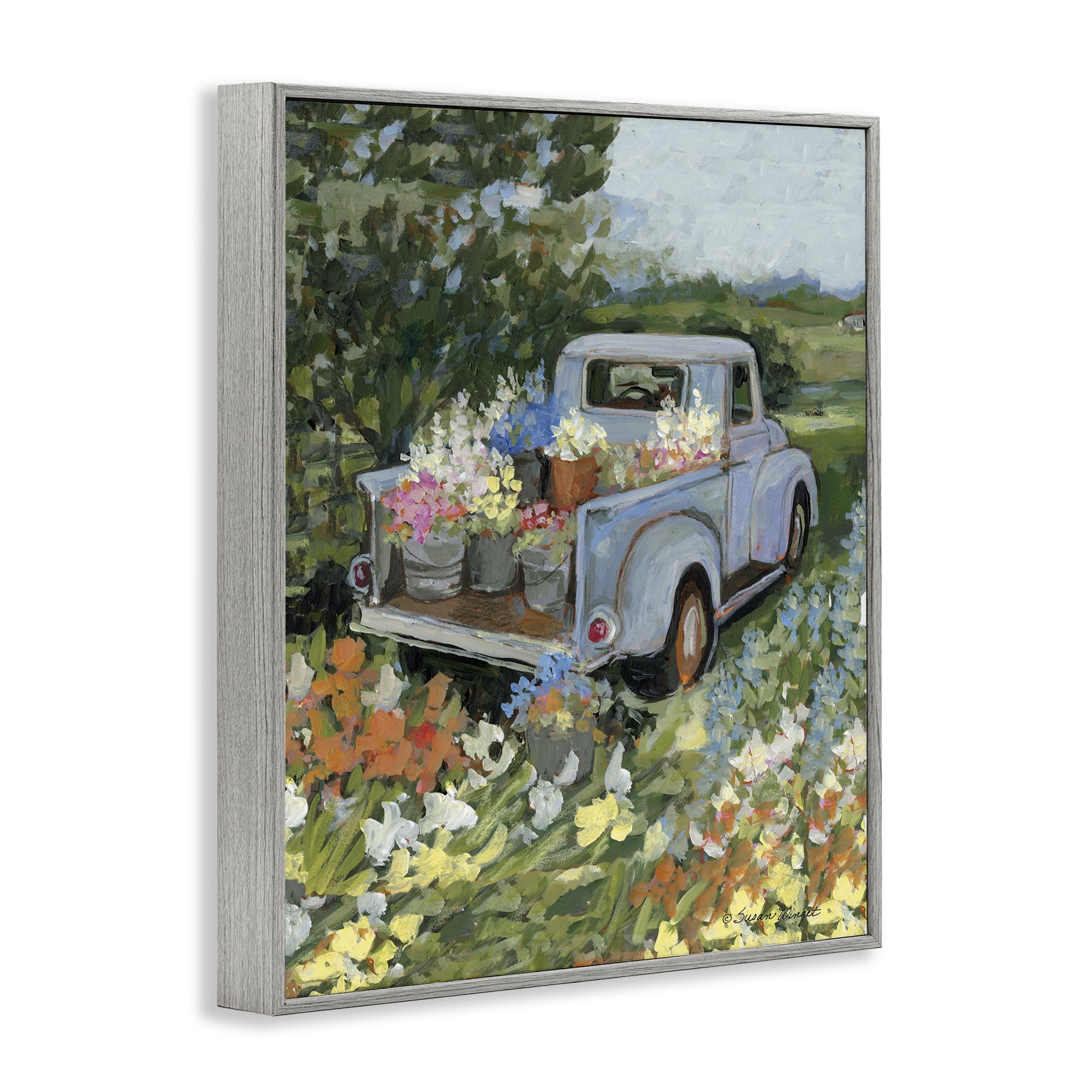 Stupell Industries Truckin' Field with Flowers Gray Framed Giclee Art, design by Susan Winget