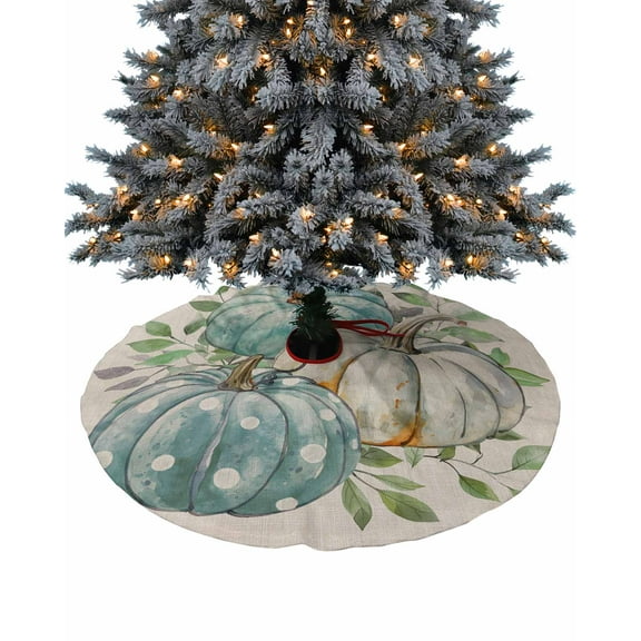 Aqua White Pumpkins Fall Christmas Tree Skirt 48 Inches Large Christmas Skirt Tree, Watercolor Rustic Thanksgiving Tree Skirt Christmas Decorations for Fireplace Party Holidays Indoor Outdoor
