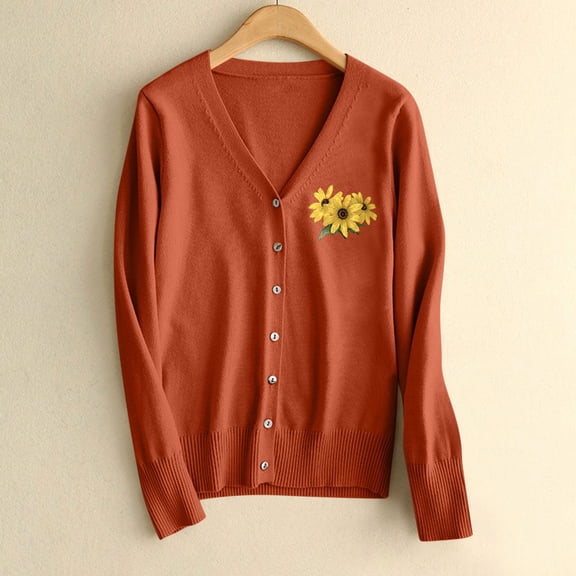 NTACZA V Neck Sweaters Women Button Down Orange Floral Cardigan Sweater Classic Fit Dressy Sweater Coat Women Jumpers L