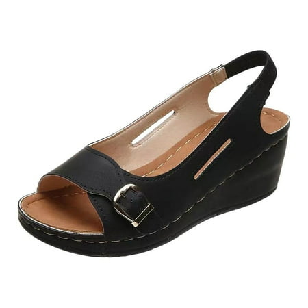

Wmkox8yii Women s Vintage Buckle Wedge Heel Open Toe Low Fish Mouth Roman Sandals