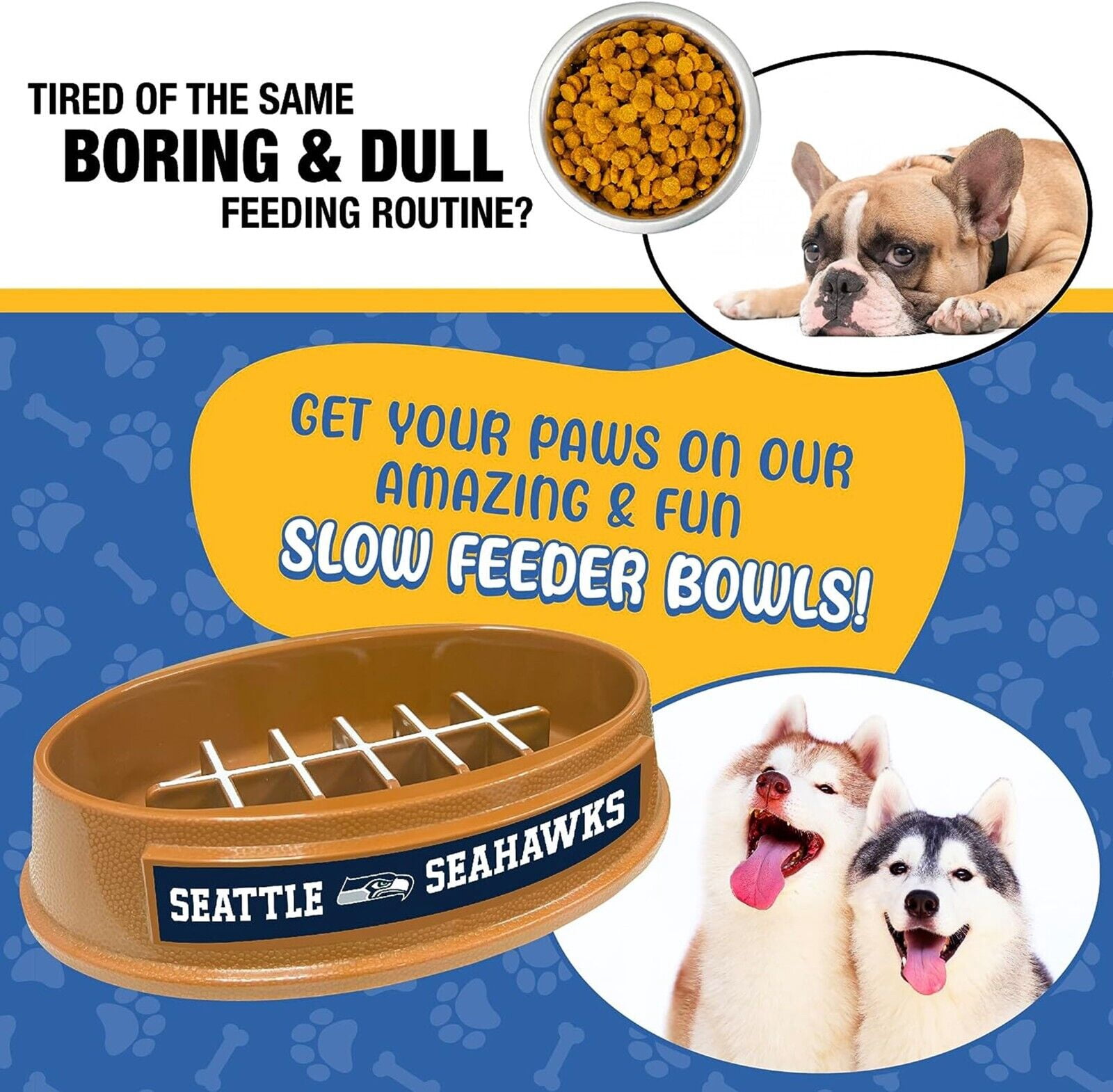 Pets First NFL Seattle Seahawks Super-Bowl Slow Feeder Bowl for Dogs and Cats, Football Design for Healthy Digestion, Non-Slip, for Large & Small Pet