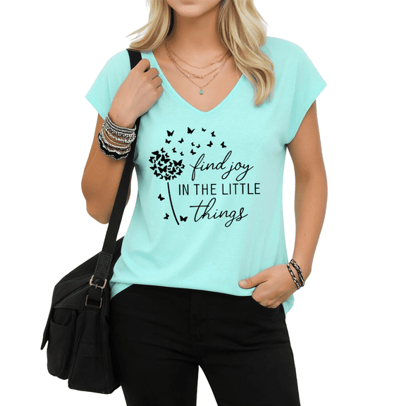 UNISHE Women's Find Joy Graphic V-Neck Short Sleeve T-Shirt White Dandelion Butterfly Aesthetic Top