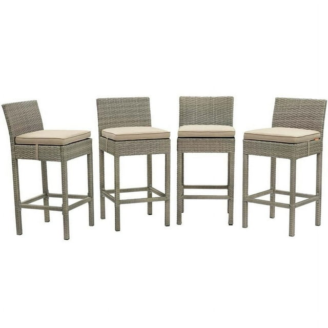 Modway Tabouret de Bar d'Extérieur en Rotin à Conduit, Gris Pâle et Beige (Ensemble de 4)