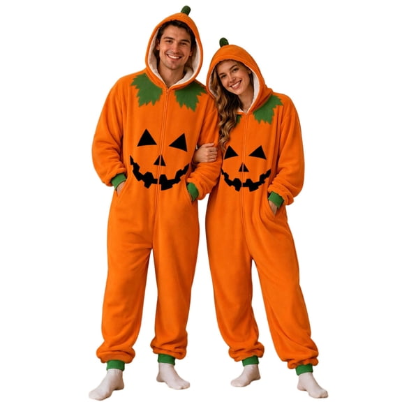 Curuila Halloween Adult Jumpsuit Fleece Hallowmas Pumpkin Hooded Pajamas For Women And Men Party Soft Loungewear Jumpsuit Size S