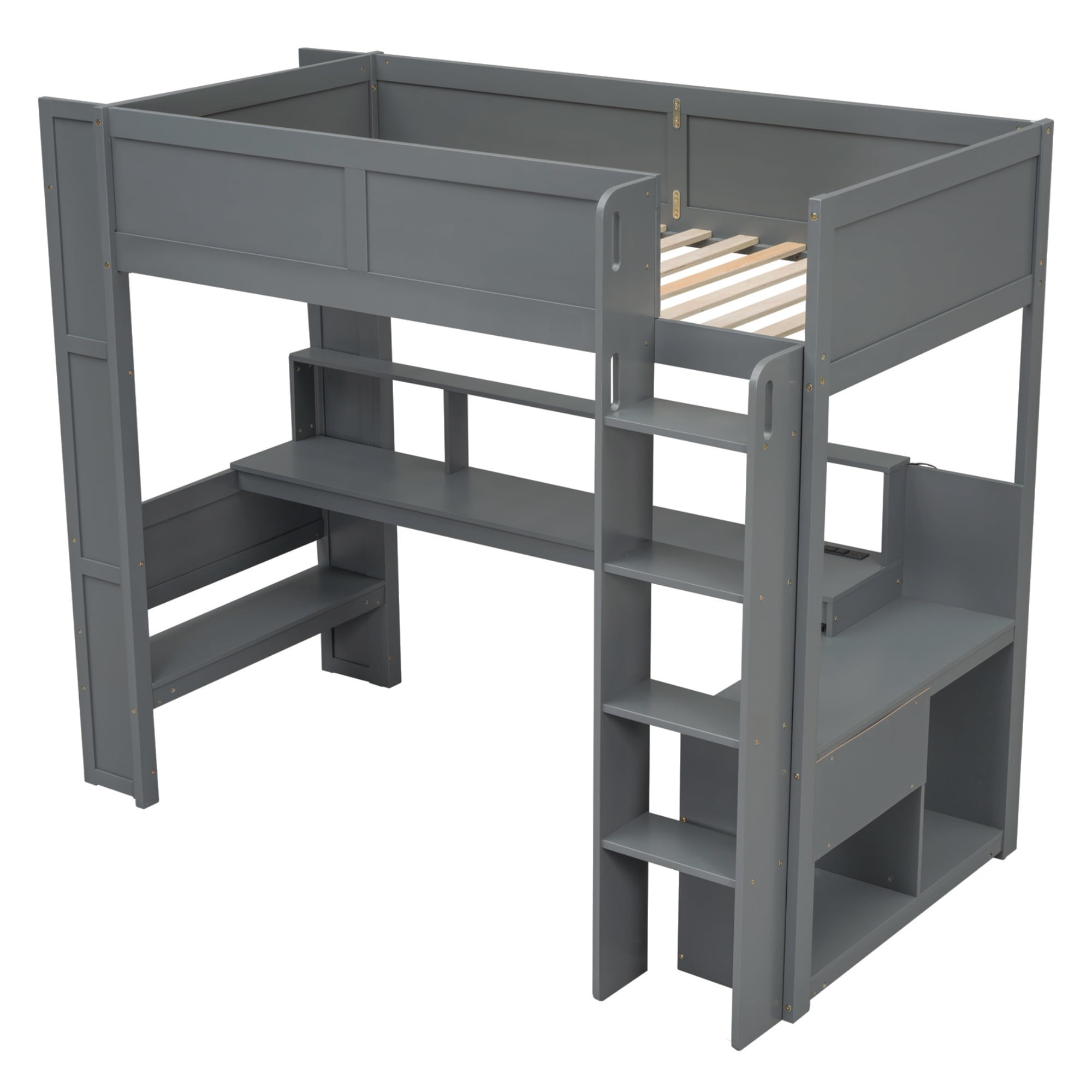Euroco Wood Twin Size Loft Bed Frame, Gaming Bed with Desk and Shelves, USB Charging Station and LED Light for Kids Teens, Dark Gray