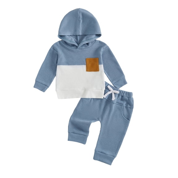 Splozh Toddler Sweat Set Boys Comfortable and Breathable Long Sleeve Simple Hooded Top Pants Casual Two Piece Set Blue,6-12 Months