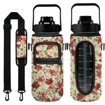 Christmas Leafs 64 Oz Water Bottle with Measurements - BPA Free Leakproof Sport Large Plastic Water Bottle with Straw & Time Marker & Insulated Neoprene Holder Carrier Bag Great Gift for Women Men