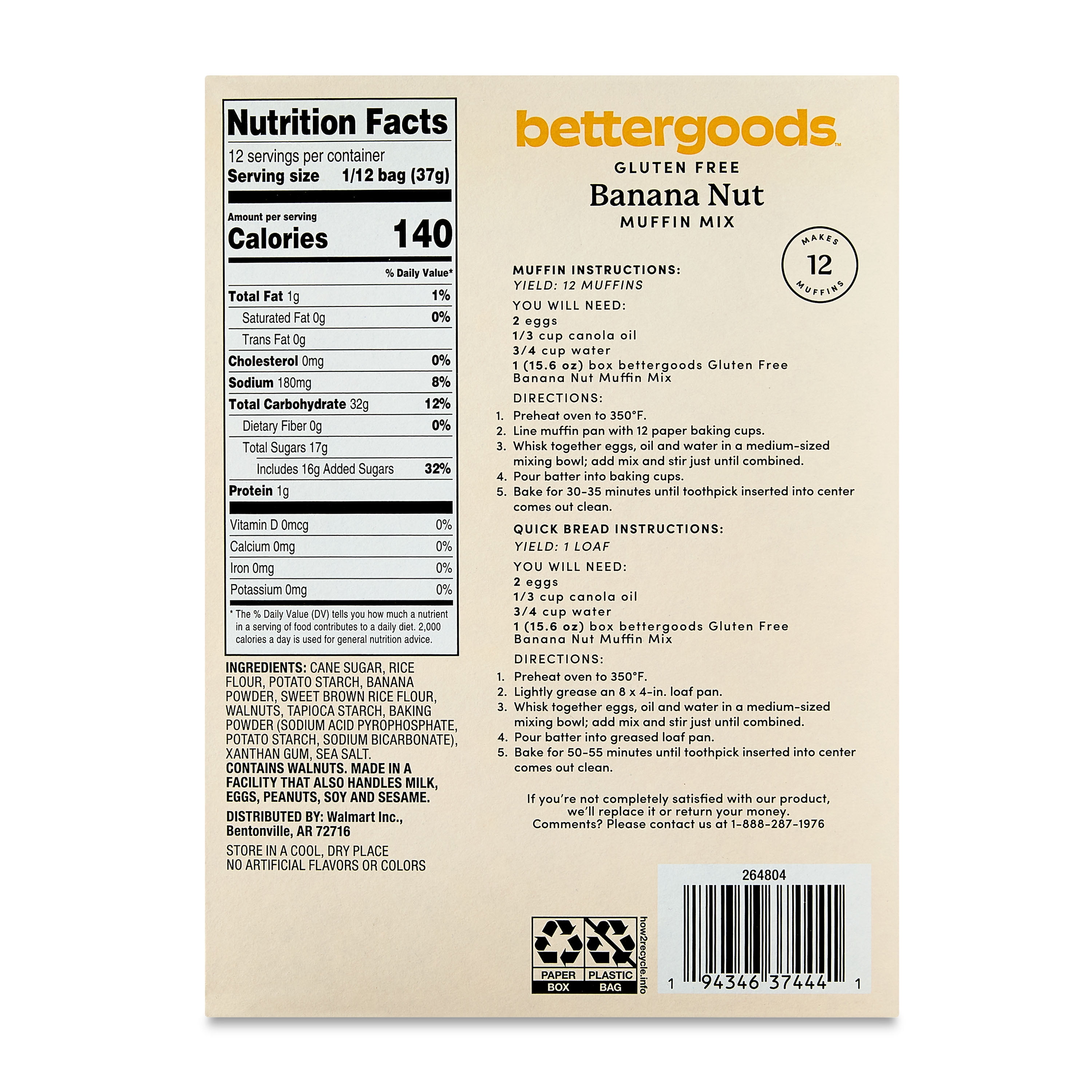 bettergoods Gluten Free Banana Nut Muffin Mix, 15.6 oz