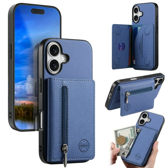 Allytechgroup for Apple iPhone 17 Case, Slim PU Leather Back Cover with Zipper Card Pocket Anti-Scratch Shock-Absorbent Anti-Fingerprint Protective PC TPU Basic Case for Women Men, Blue