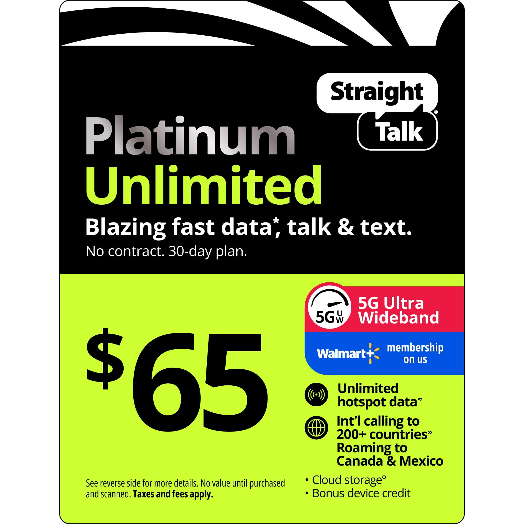 Straight Talk $65 Platinum Unlimited 30-Day Single Line Prepaid Plan + Unlimited Hotspot data + Int'l Calling + Cloud Storage Direct Top Up