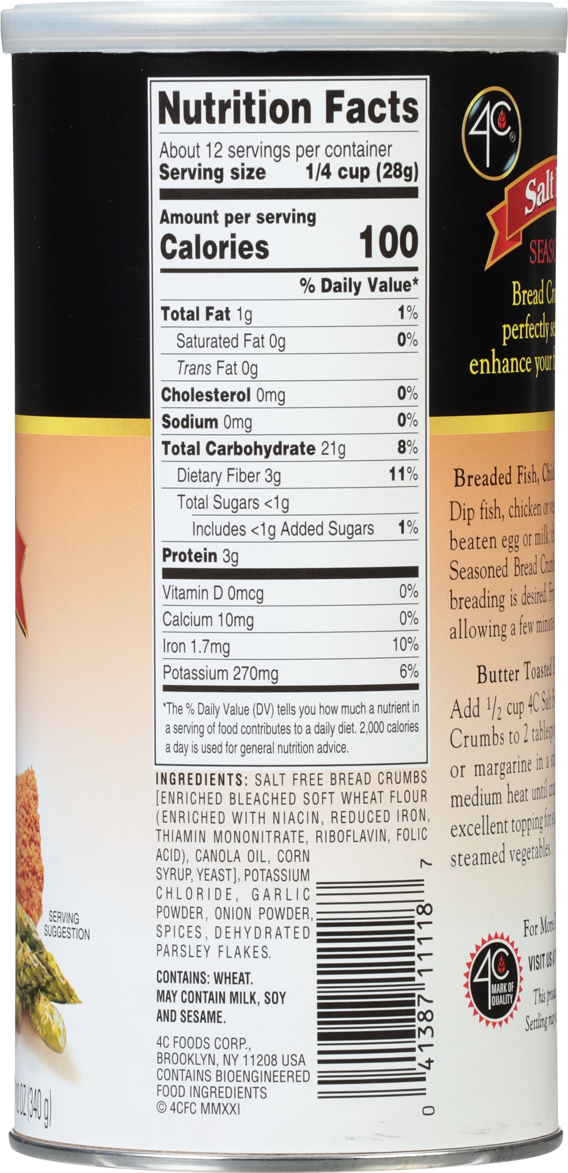 4C Salt Free Seasoned Bread Crumbs 12 Oz Canister