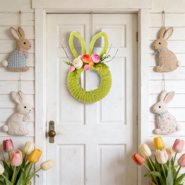 Rewenti Easter Bunny Shaped Wreath Suitable for Front Door Hanging Window Display Or General Easter/Spring Decoration Features Bunny Ear