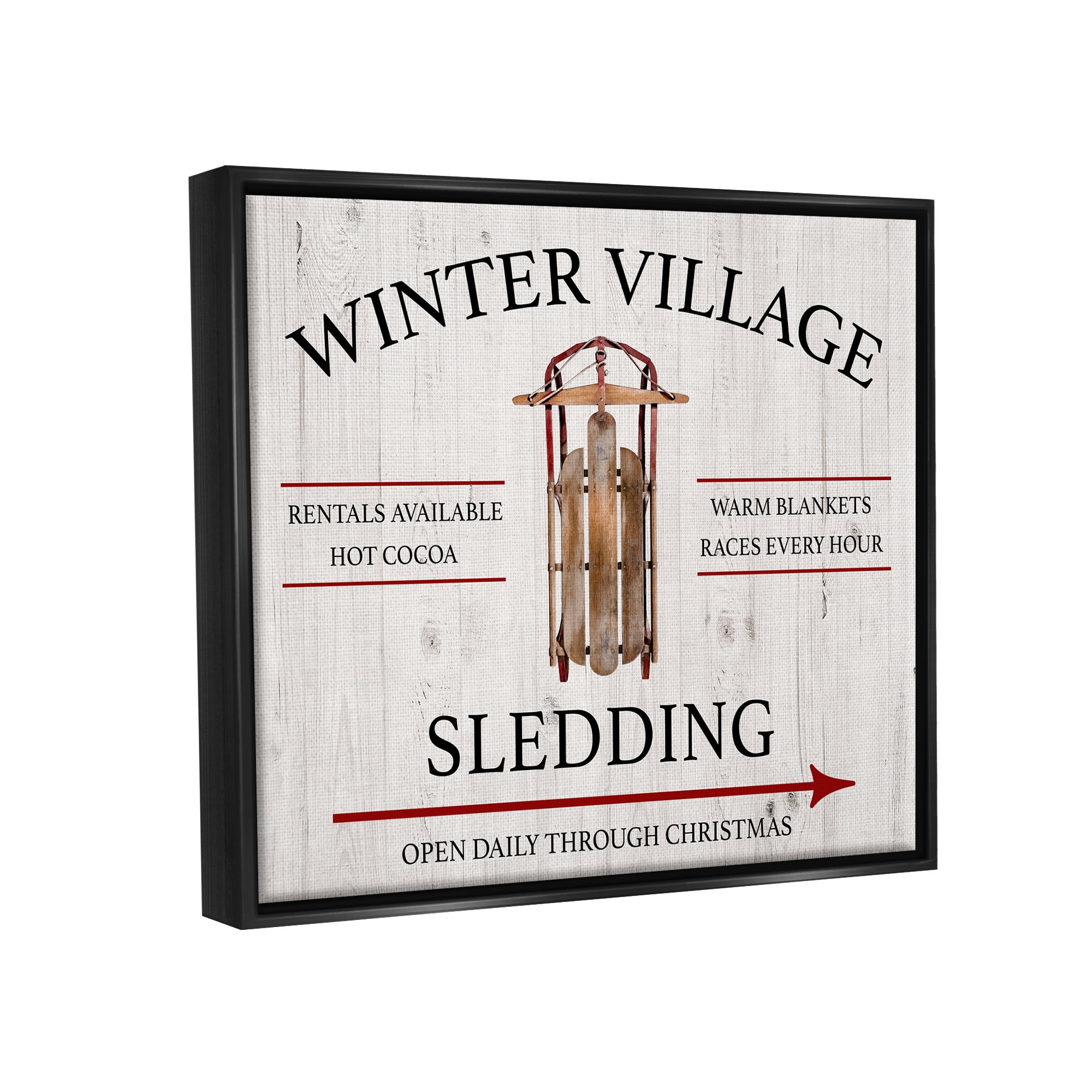Stupell Industries Winter Village Sledding Holiday Painting Black Floater Framed Canvas Art Print Wall Art, 21 x 17