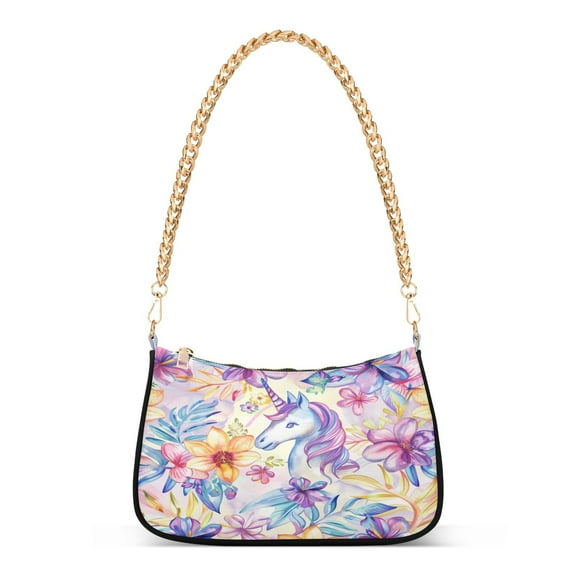 Ryvnso Unicorn in Flowers Womens Chain Shoulder Bag Tote Handbags Clutch Hobo Purse with Zipper for Travel